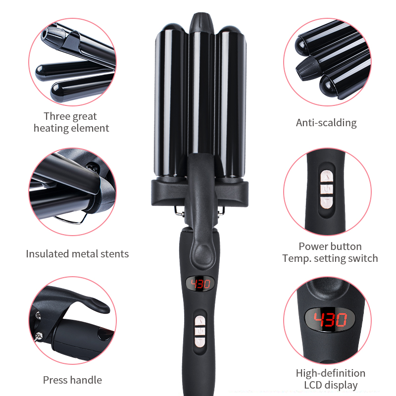 Factory Price 3 barrel hair curler LCD magic Professional Hair Curler