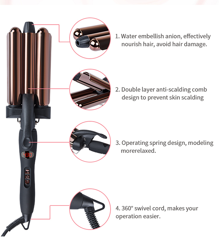 OEM Customized Wave Hair Curler triple barrel curling irons big wave hair curler three prong hair curler